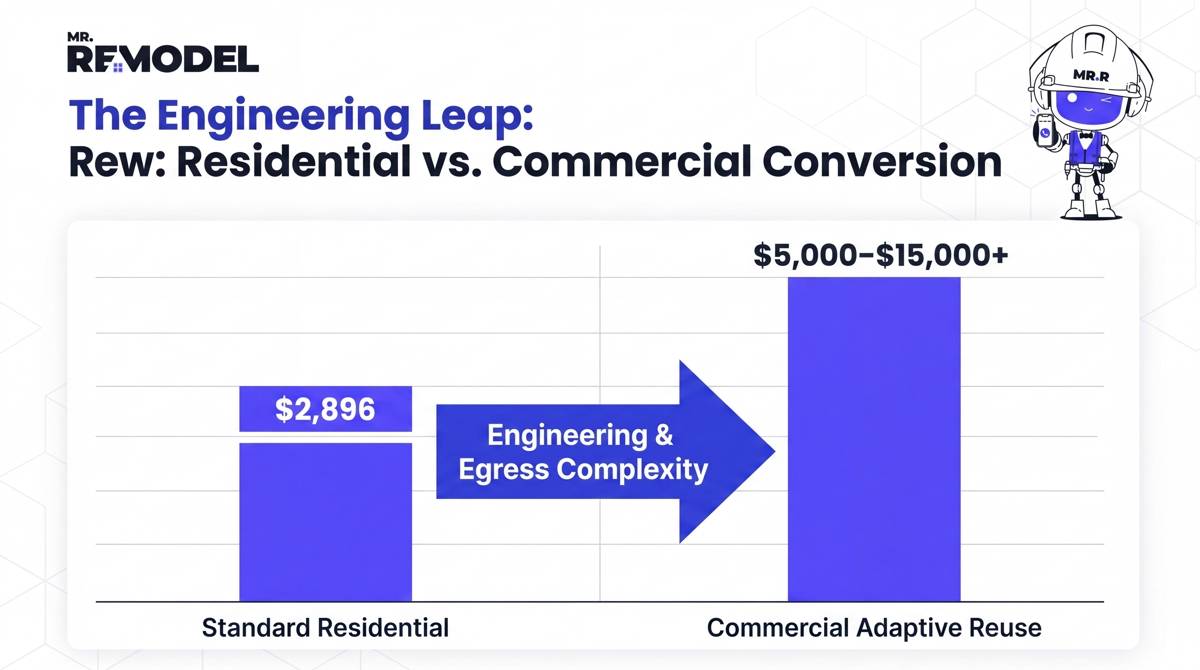 A financial infographic illustrating the significant cost difference between standard residential window replacements and complex commercial adaptive reuse conversions.